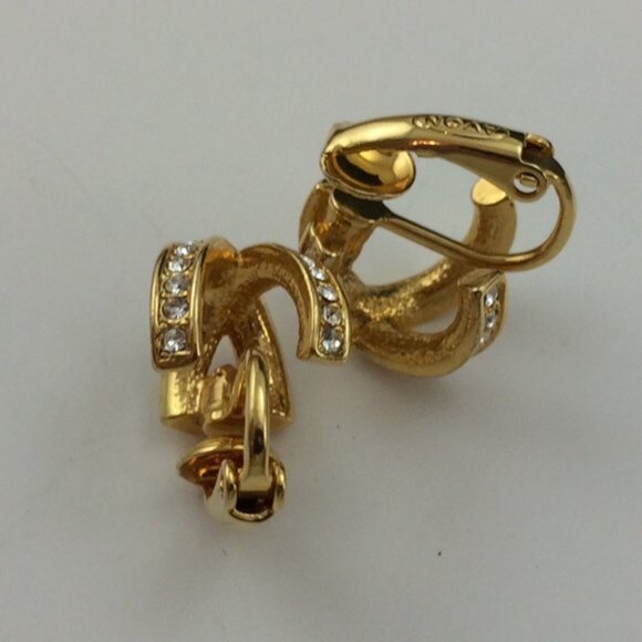 2 Pairs Vtg Avon Clip On Goldtone Earrings Faux Amber & Rhinestone Pavé - Picture 5 of 15